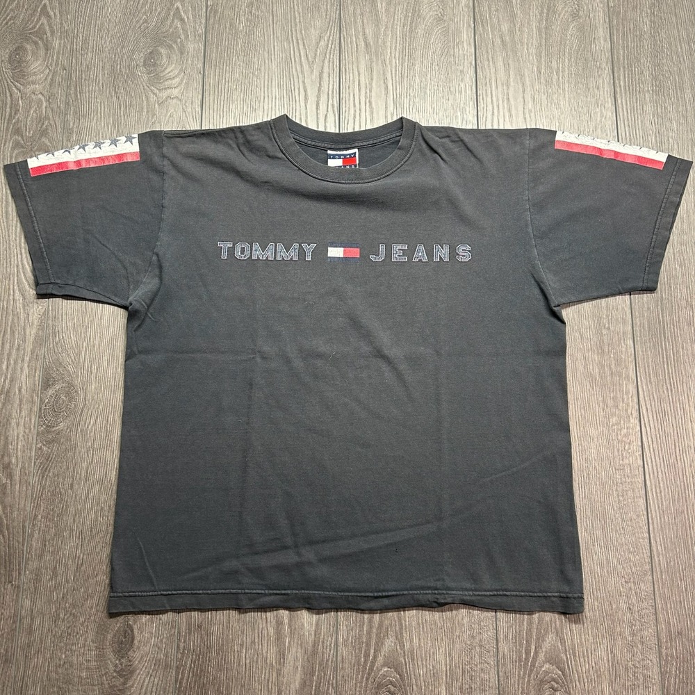 Vintage Tommy Jeans T Shirt Mens Medium Black Embroidered Flag Sleeve USA Made